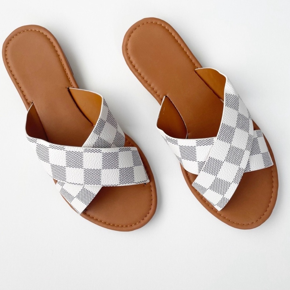 White Gray Checkered Criss Cross Sandal - Picture 3 of 7